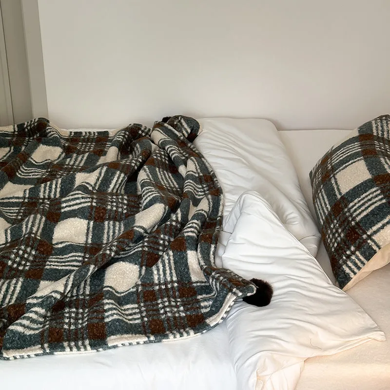 Cozy Plaid Wool Throw Blanket / Brown