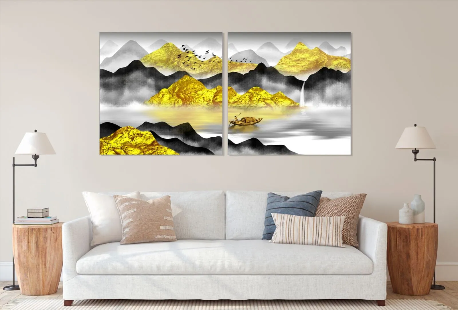 Gray and Gold mountains wall art paintings on canvas, wall pictures mountains, nature wall art, home wall decor, mountain art print